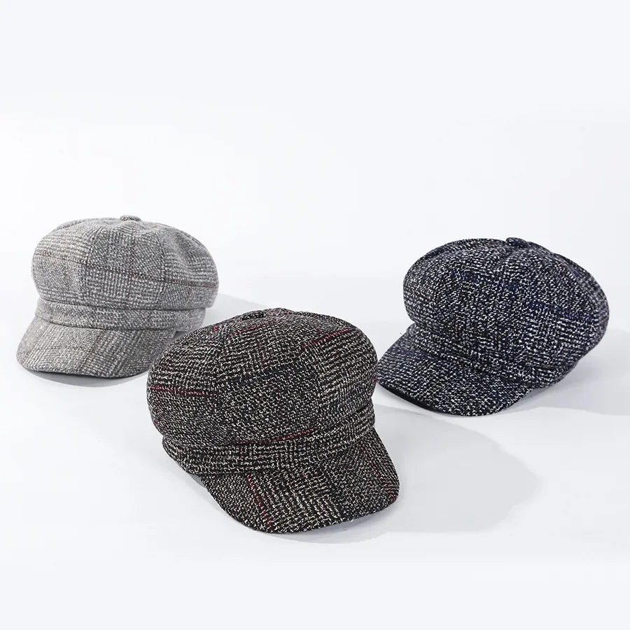 Vintage achteckige Baskenmütze für Damen, Zeitungs jungen hut, lässige Woll imitation, Plaid, neue Mode, 2024 – Detail 37