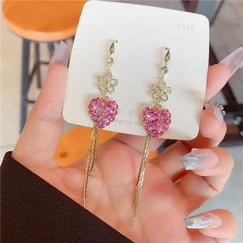 New Flower Pink Zircon Love Tassel Earrings for Women Personalized Fashionable Daily Accessories Party Jewelry Birthday Gifts