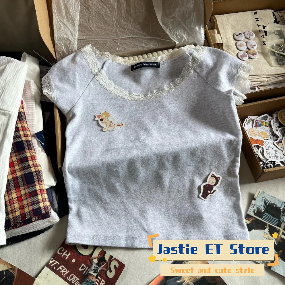 Amerikaanse Stijl Zwart Polka Dot Kant Korte Mouw T-shirt Vrouwen Sexy Slash Hals Slanke Retro Crop Top Katoenmix Korte Tees Shirt