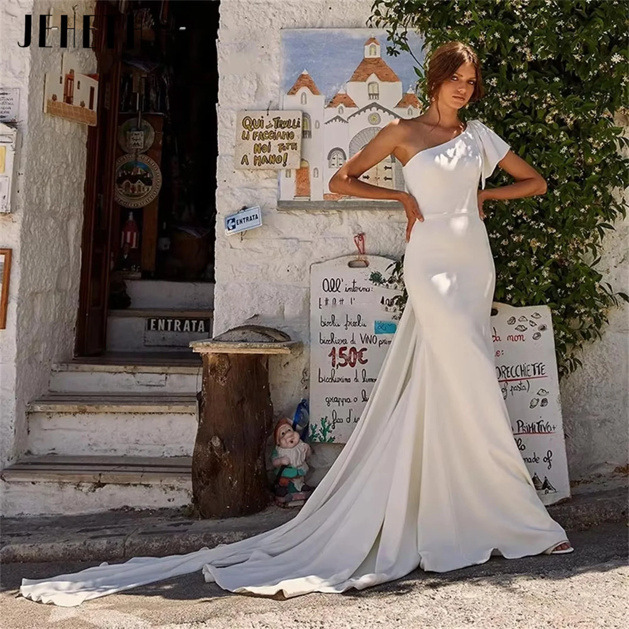 

One Shoulder Sexy Wedding Dresses Mermaid Bow White Ivory Bride Gown Zipper Short Sleeve Strapless Vestidos De Novia Customized