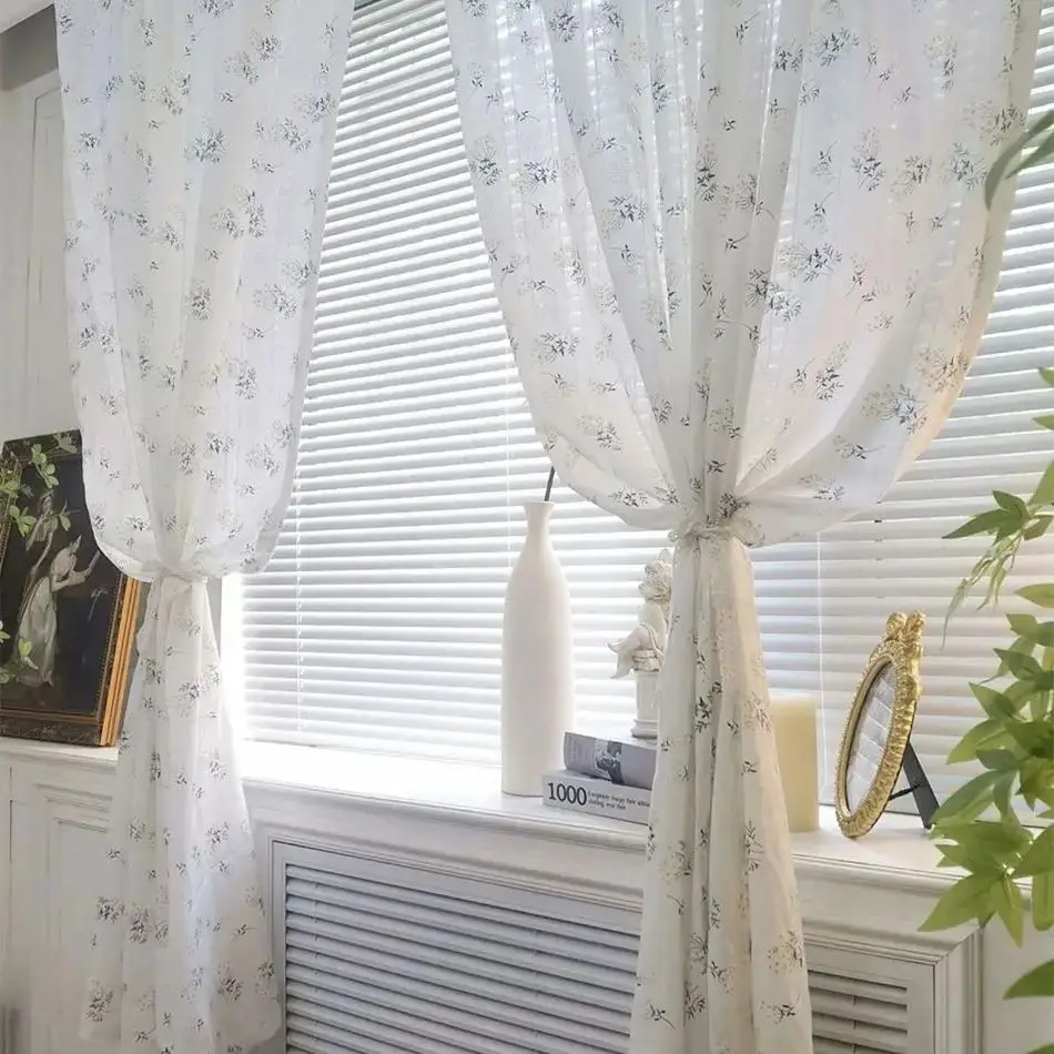 

Korean Cotton Daisy Curtains Road Pocket Sage Floral Tassel Curtain for Kitchen Bedroom Living Room Bay Window Cabinet Curtain