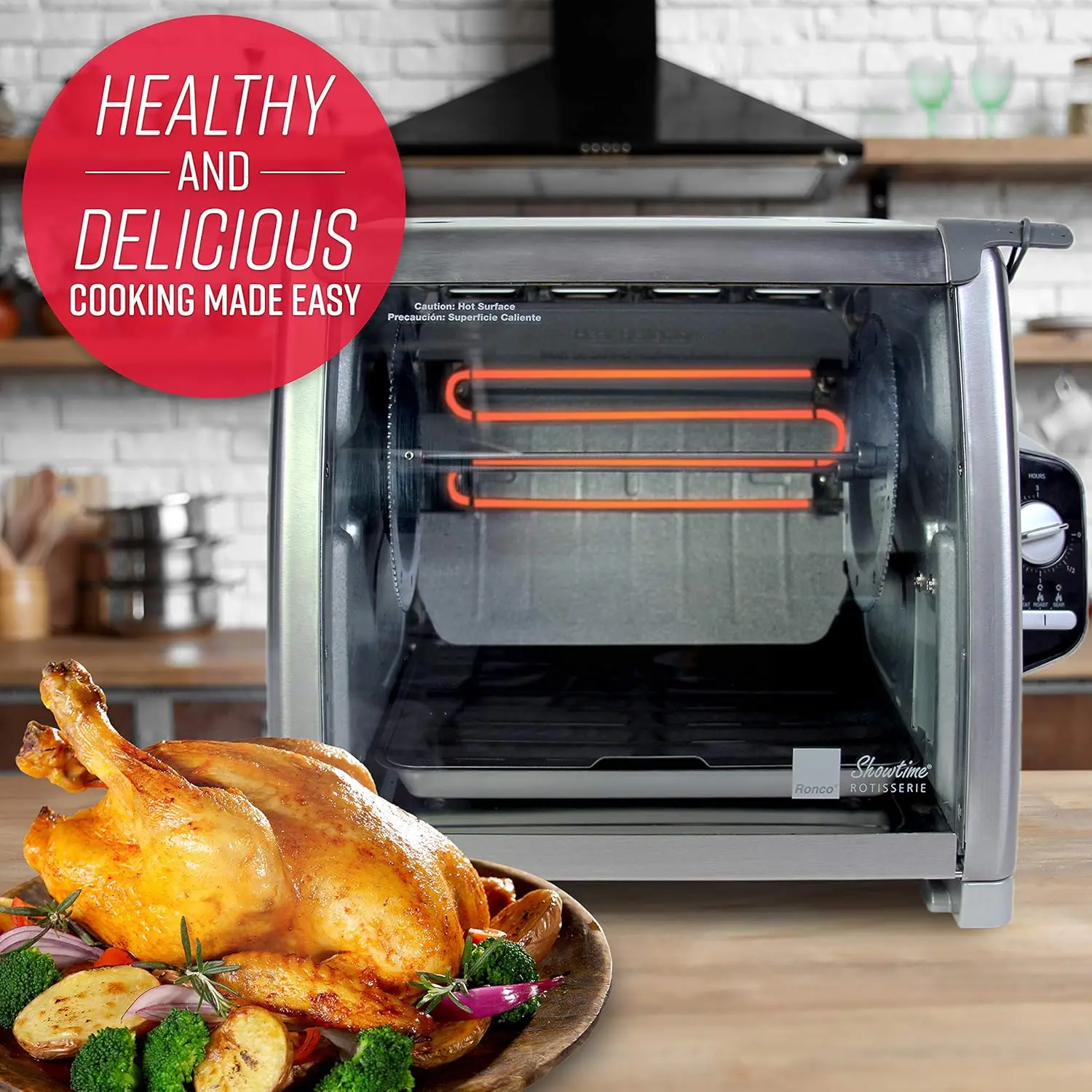 Large Capacity Rotisserie & BBQ Oven, Modern Edition - Features Simple Switch Controls, Silicone Door Tie, Perfect Preset Rotati