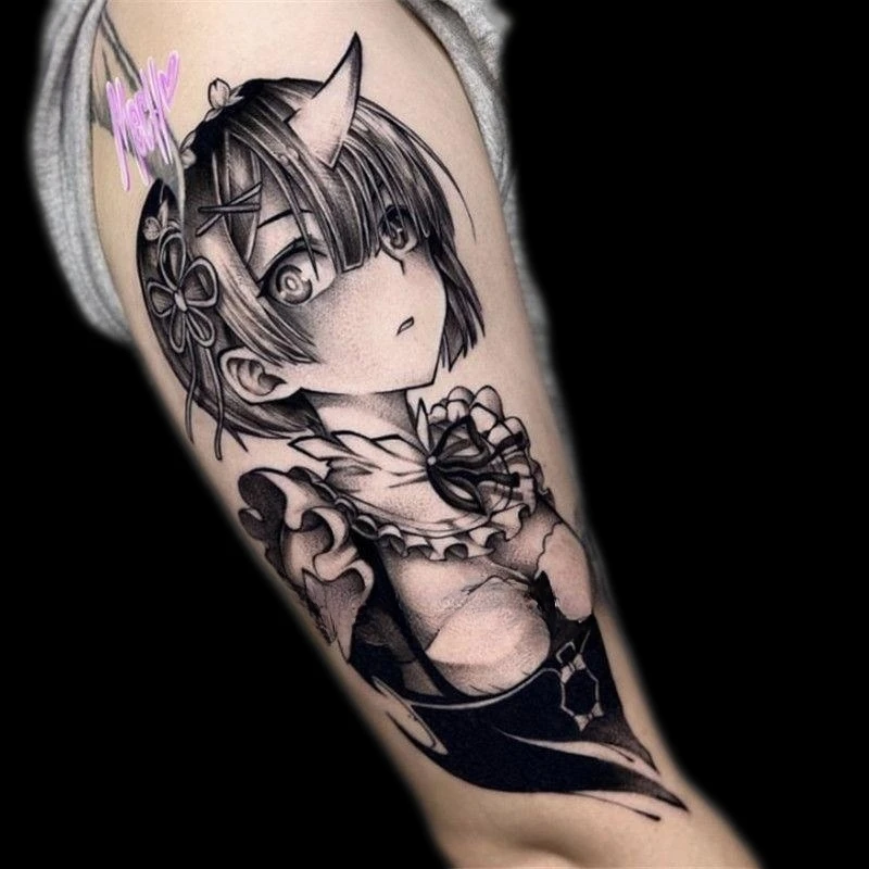 Anime Rem Ram tatouages temporaires dessin animé Cosplay fille noire transfert tatouage Art corporel imperméable faux Tatoo autocollant pour femme hommes