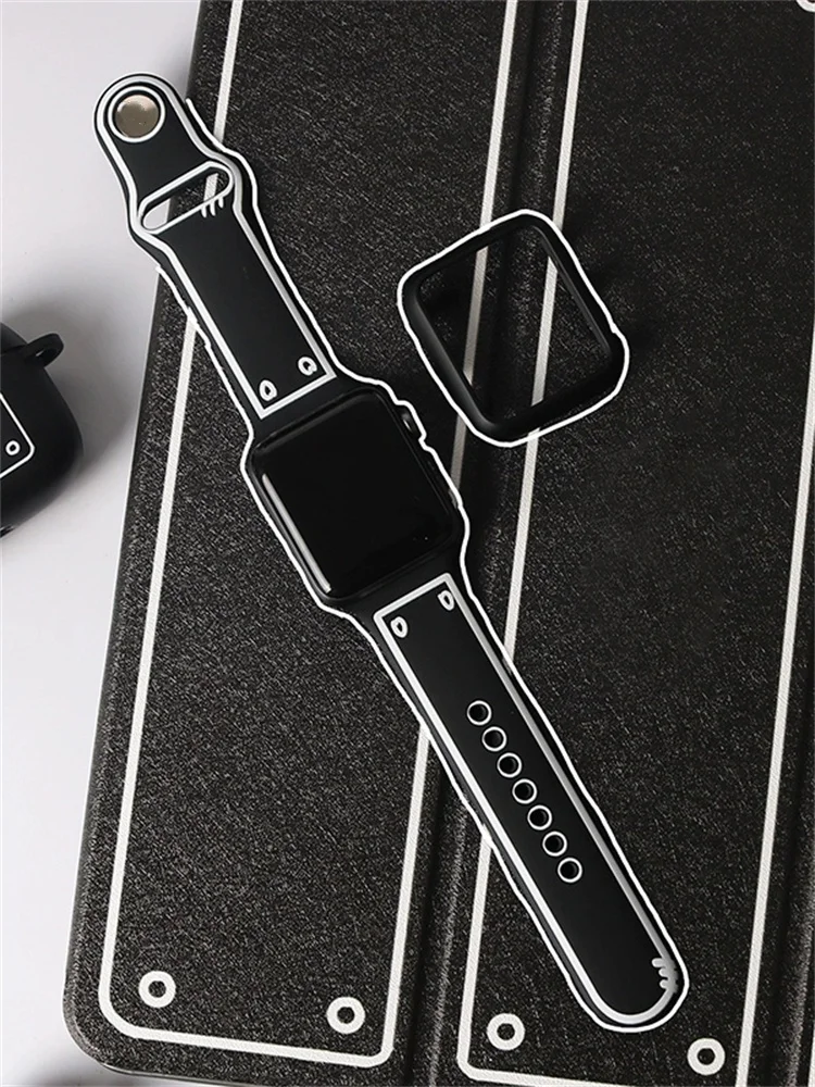 Case + Silicone Strap For Apple Watch Band 44mm 45 42 38 40 41mm Soft Comics Graffiti Bracelet for iWatch Series 9 8 SE 7 6 5 4