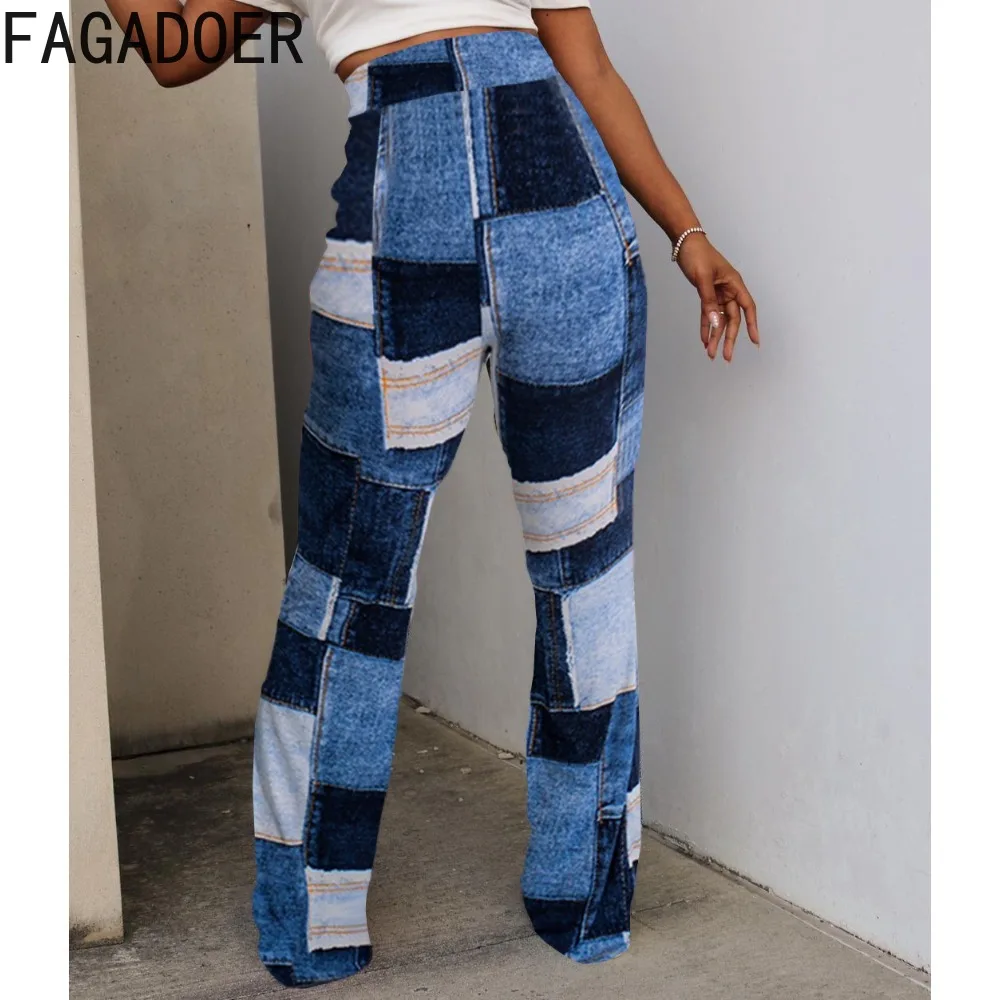 

FAGADOER New Denim Color Plaid Women Pants Flare High Waist Wide Leg Casual Pants Stretchy Color Block Pants Autumn 2023