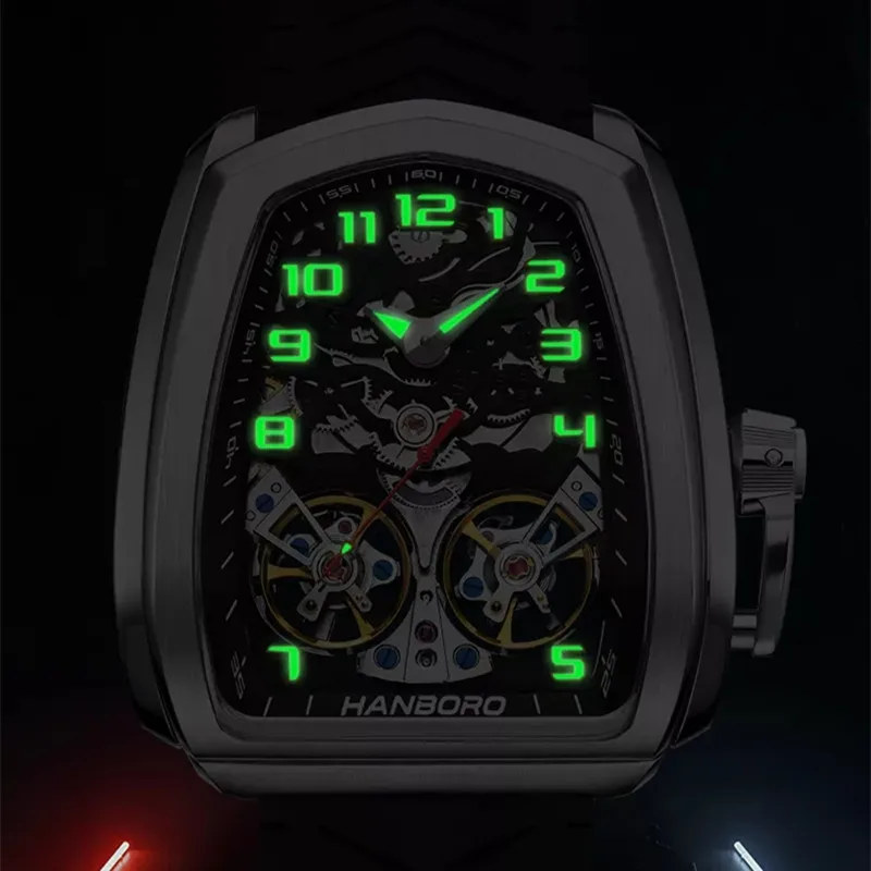 Relogio Masculino HANBORO Orologio meccanico per uomo Marchio di lusso Doppio volano Orologio da polso automatico 50M Impermeabile Reloj Hombre