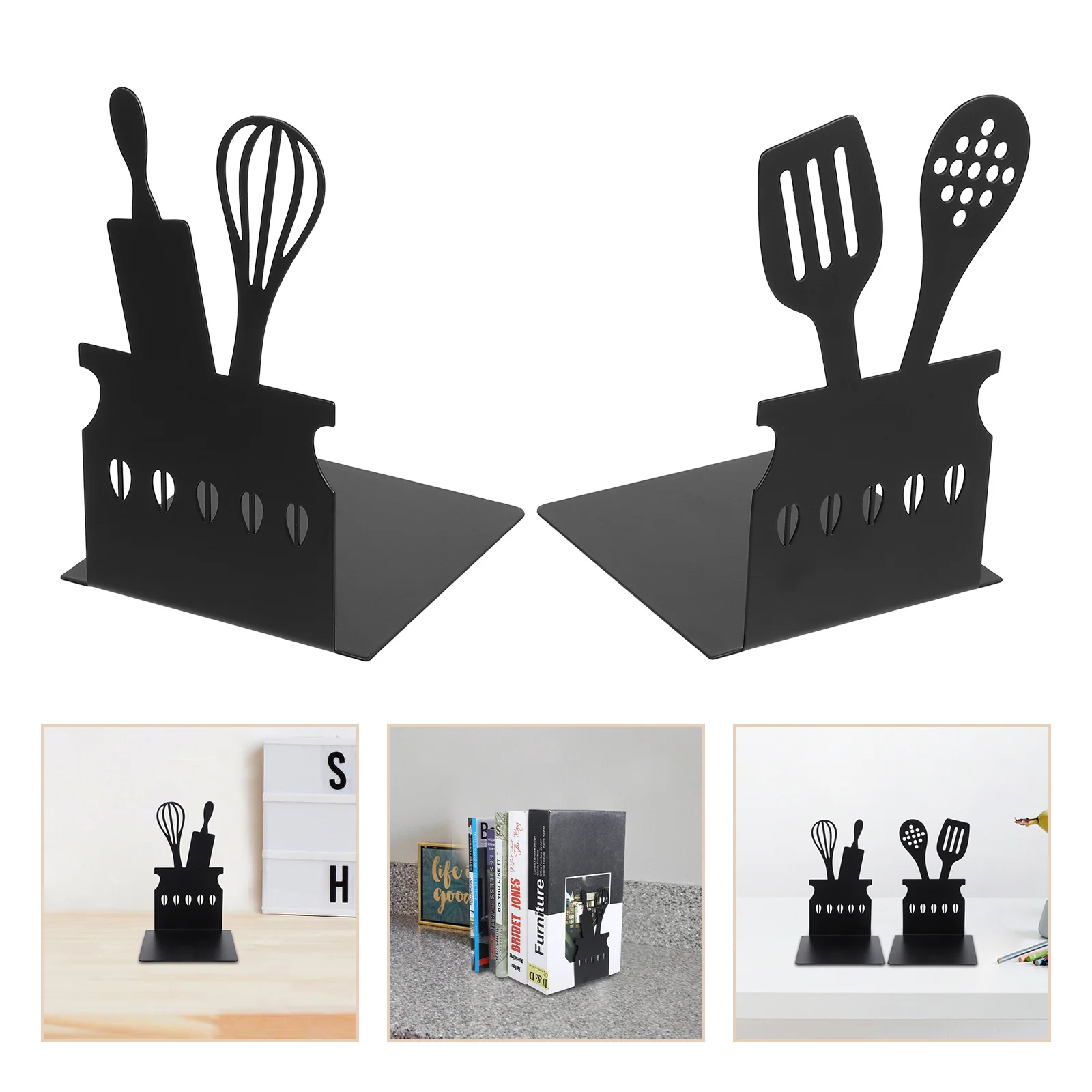 

1Pair Kitchen Utensil Pattern Metal Bookends Decorative Non-Slip Book Holder for Shelf Office Study Desktop File Organizer Book