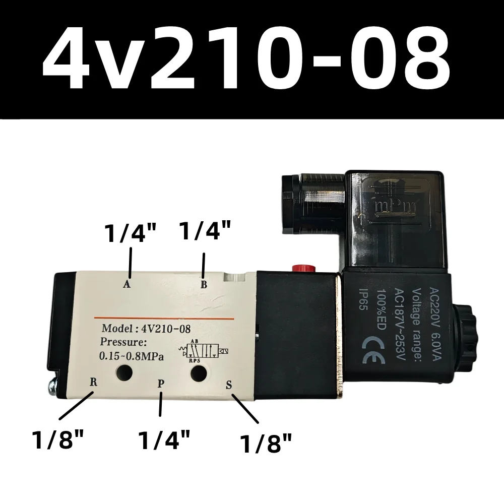 4V210-08 Pneumatic Electric Solenoid Valve 5-Way 2-Position Control Air/Gas Magnetic with 12V 24V 110V 220V Coil Volt Options
