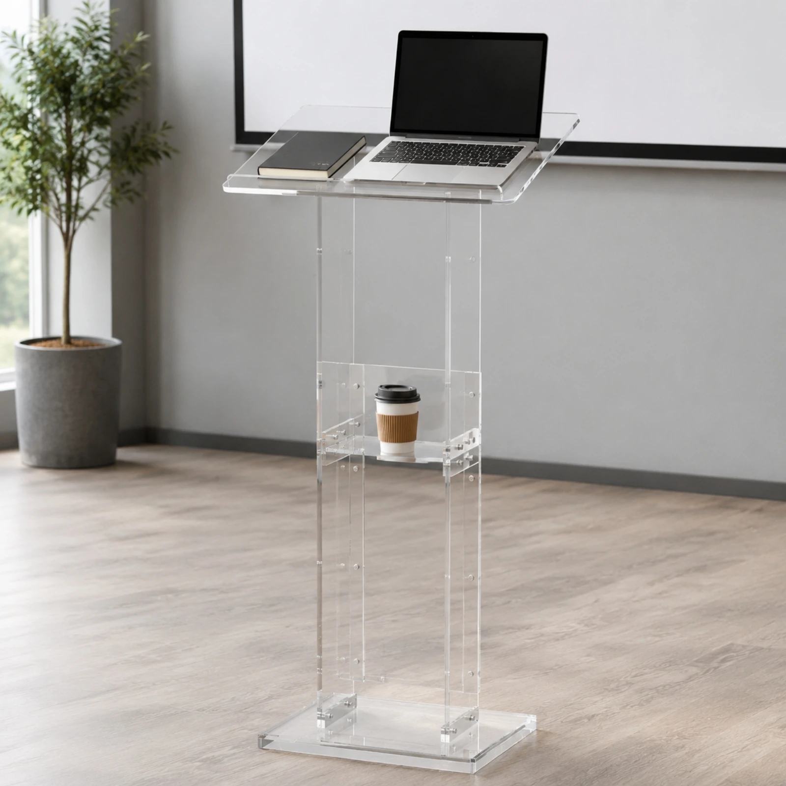 Clear Acrylic Lectern with Storage Shelf Sturdy Freestanding Acrylic Podium Clear Lectern Professional Stand Easy to Clean