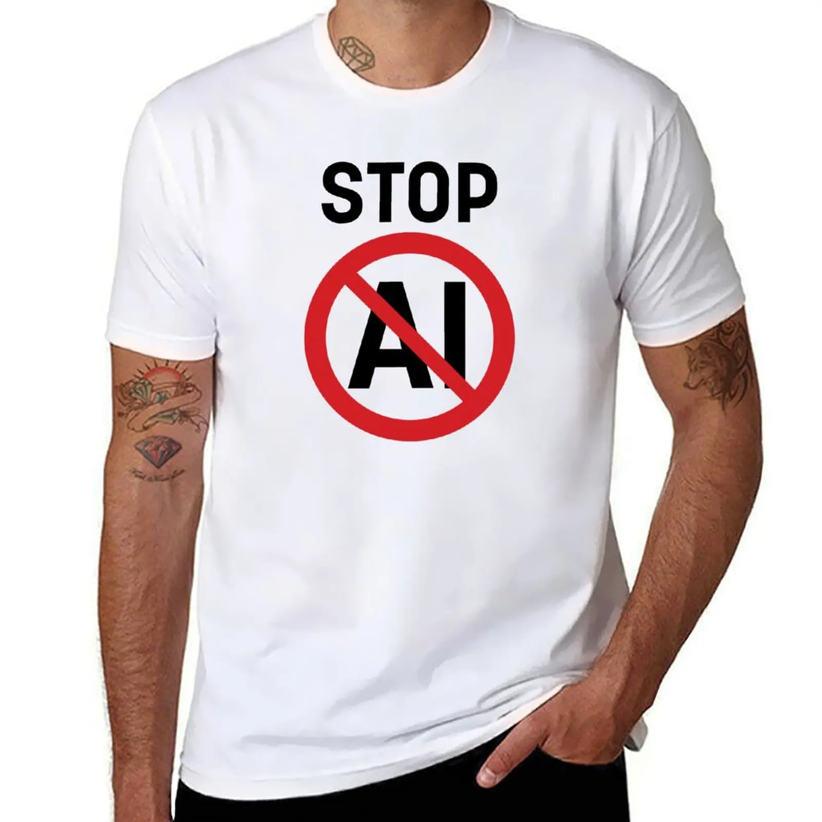 Pare AI / Símbolo Anti-AI / Ban Artificial Intelligence (em Branco) Camiseta masculina camisetas gráficas