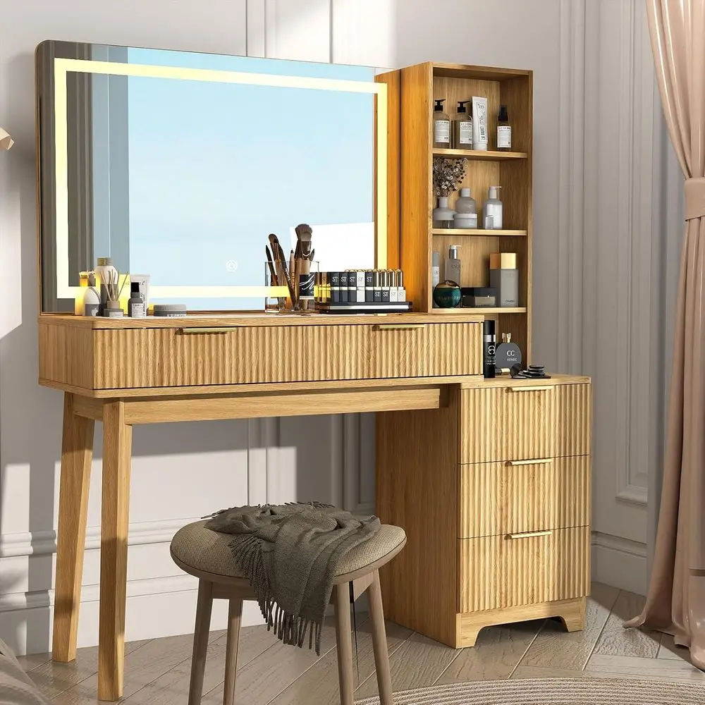 

luted Makeup Vanity Desk: 48" Oak Vanity Desk with Mirror and Lights, Glass Top Makeup Desks with 5 Ders, Large Make Up Table wi