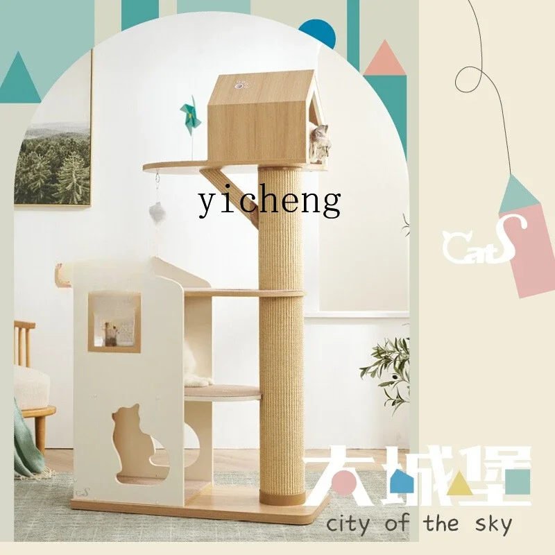 TWR Cat Climbing Frame Color Block Solid Wood Cat Furniture  Bed Sisal Post Cat Scratching Post
