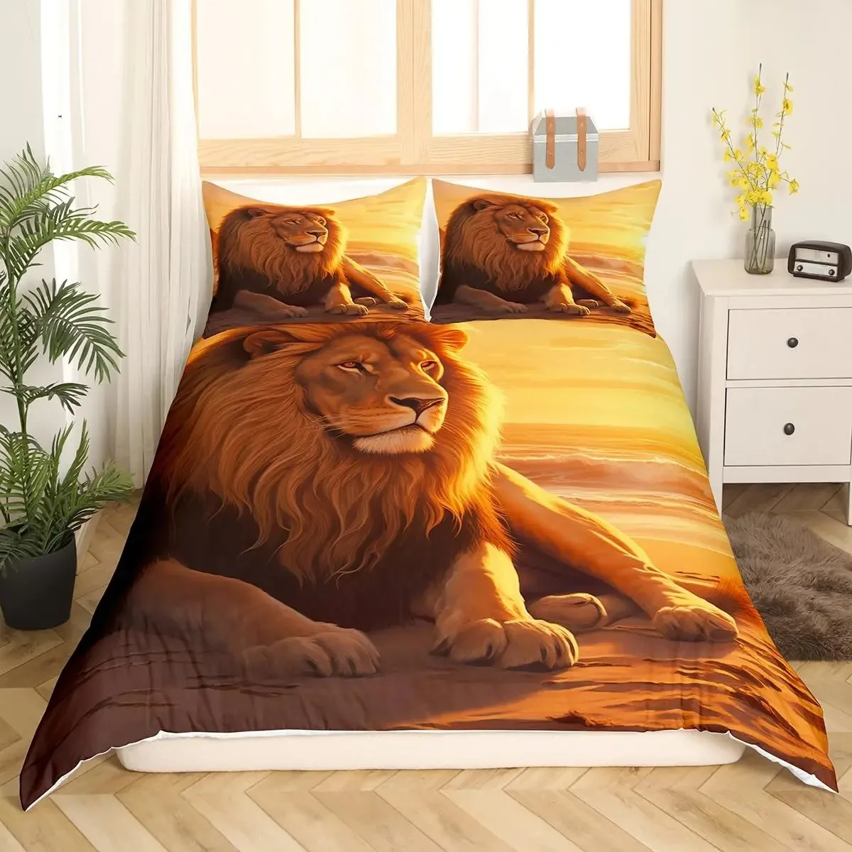 Lion Duvet Cover Set King Queen Hand Drawn Animal Bedding Set Graffiti Abstract Art Quilt Cover Wildlife Vintage Comforter Cover