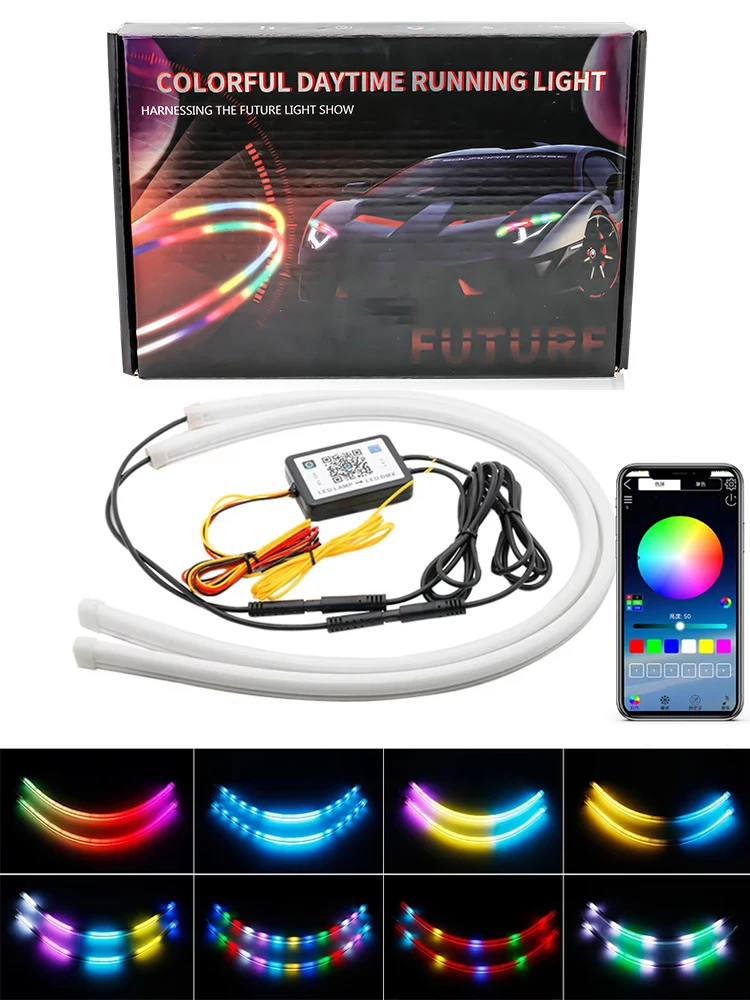Symphony DRL Auto-LED-Tagfahrlicht APP-Steuerung Flexibler RGB-Lauflichtblinker Dekorative Scheinwerferleuchte 12V