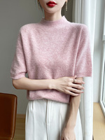 Fashion Basic Spring Summer Merino Wool Sweater Mock-Neck Cashmere Pullover Solid Color Soft Short Sleeve Shirt Clothing Tops