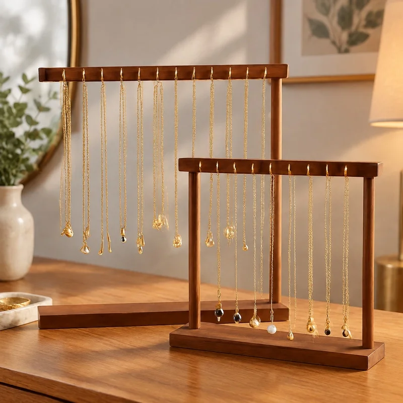 Wooden Countertop Jewelry Organizer with Hanging Hooks for Necklaces, Bracelets, Earrings