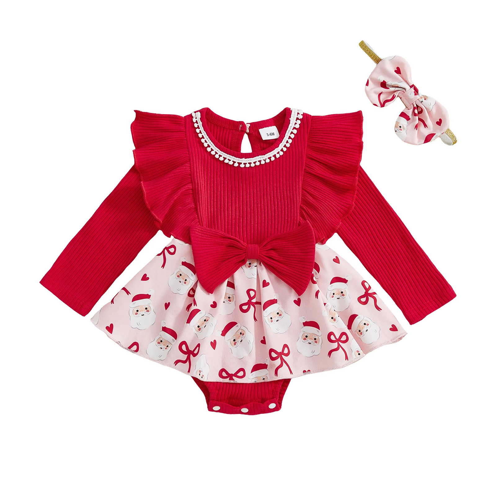 

Baby Girl Christmas Outfit Santa Ruffle Trim Long Sleeve Romper Dress Bow Headband 2 Piece Set
