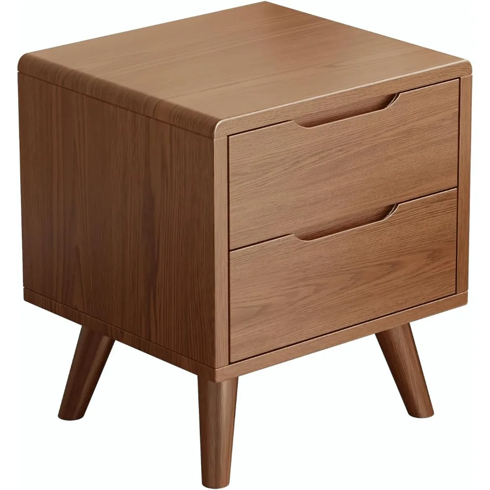 Solid Wood Nightstand with Drawers, Mid-Century Modern Nightstand, 2 Drawer Storage Cabinet Wooden Nightstand for Bedroom