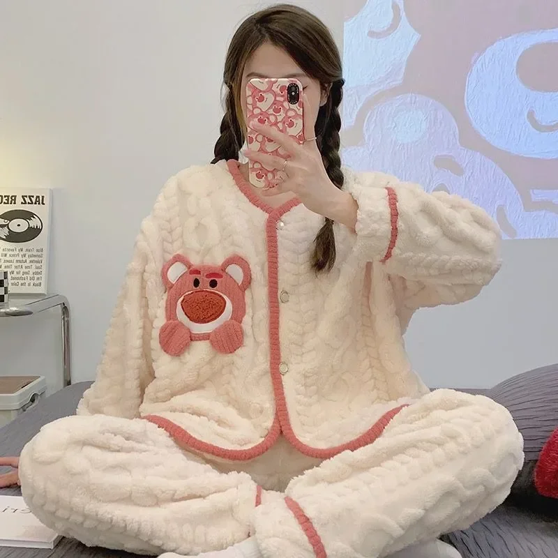 2023 New Flannel Pajamas Women Autumn Winter Homewear Plus Thicken Coral Velvet Warm Household Clothing Suit V-neck Loungewear