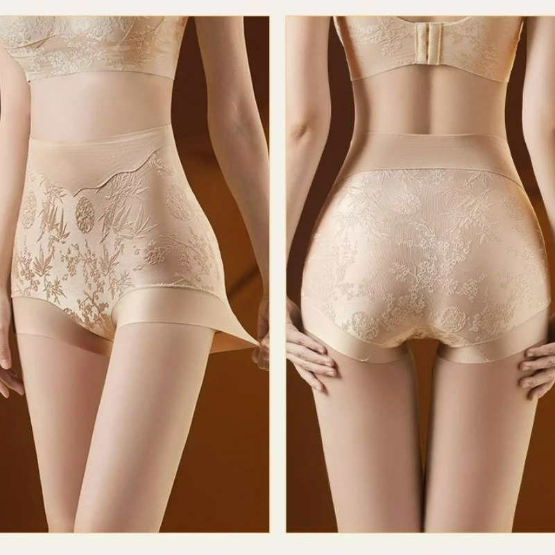 Fashion High-waisted Seamless Underwear Women Body-shaping Belly Tightening Pants Embossed Embroidered Jacquard Triangular Pants