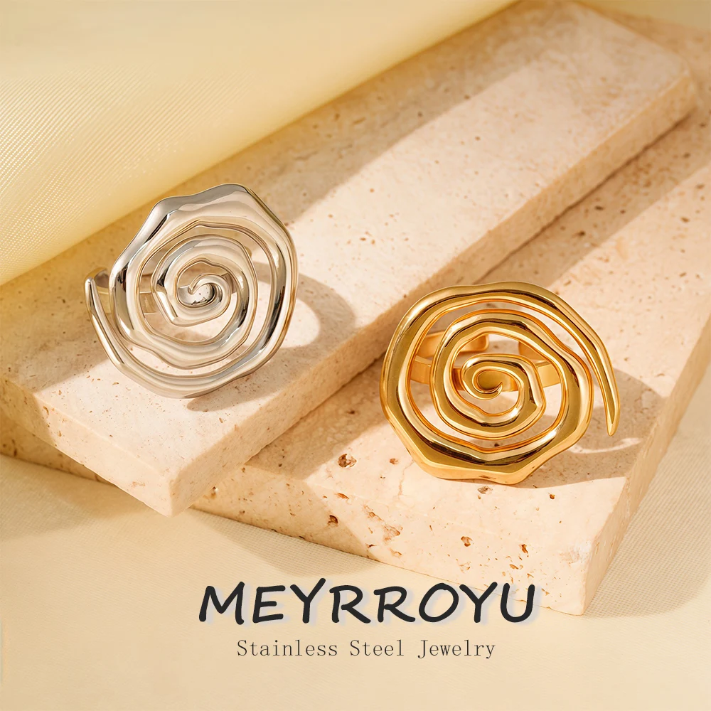 MEYRROYU 316L Stainless Steel Golden Simple Hollow Design Mosquito Incense Plate Opening Adjustable Ring Lady New Trend Jewelry