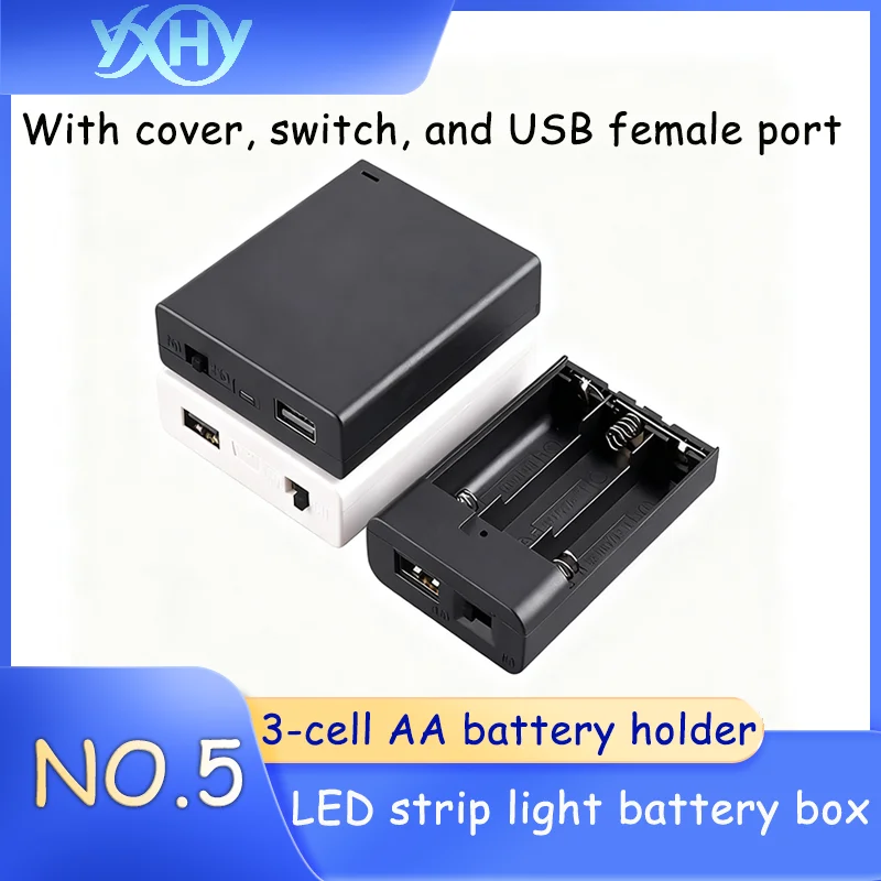 1PCS LED light strip with battery box, 3 AA battery holder, 3-cell with cover, switch, and USB female socket