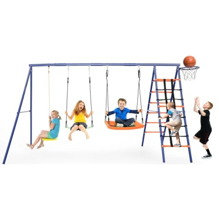 

Backyard Heavy Duty 6 in 1 Playground Set with Metal Swing Stand 3 Adjustable Swings Climbing Wall Ladder Basketball Hoop Sauce