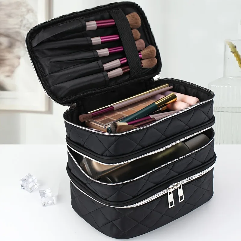 Fashion Light Luxury Large Capacity Black Rhombus Makeup Bag, Three-Layer Double-Layer Multi-Layer Storage Bag, Portable Handbag