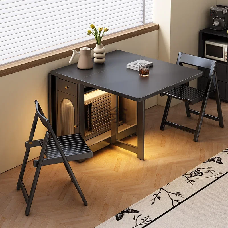 Black retro all solid wood folding dining table household modern light luxury rectangular retractable invisible small apartment