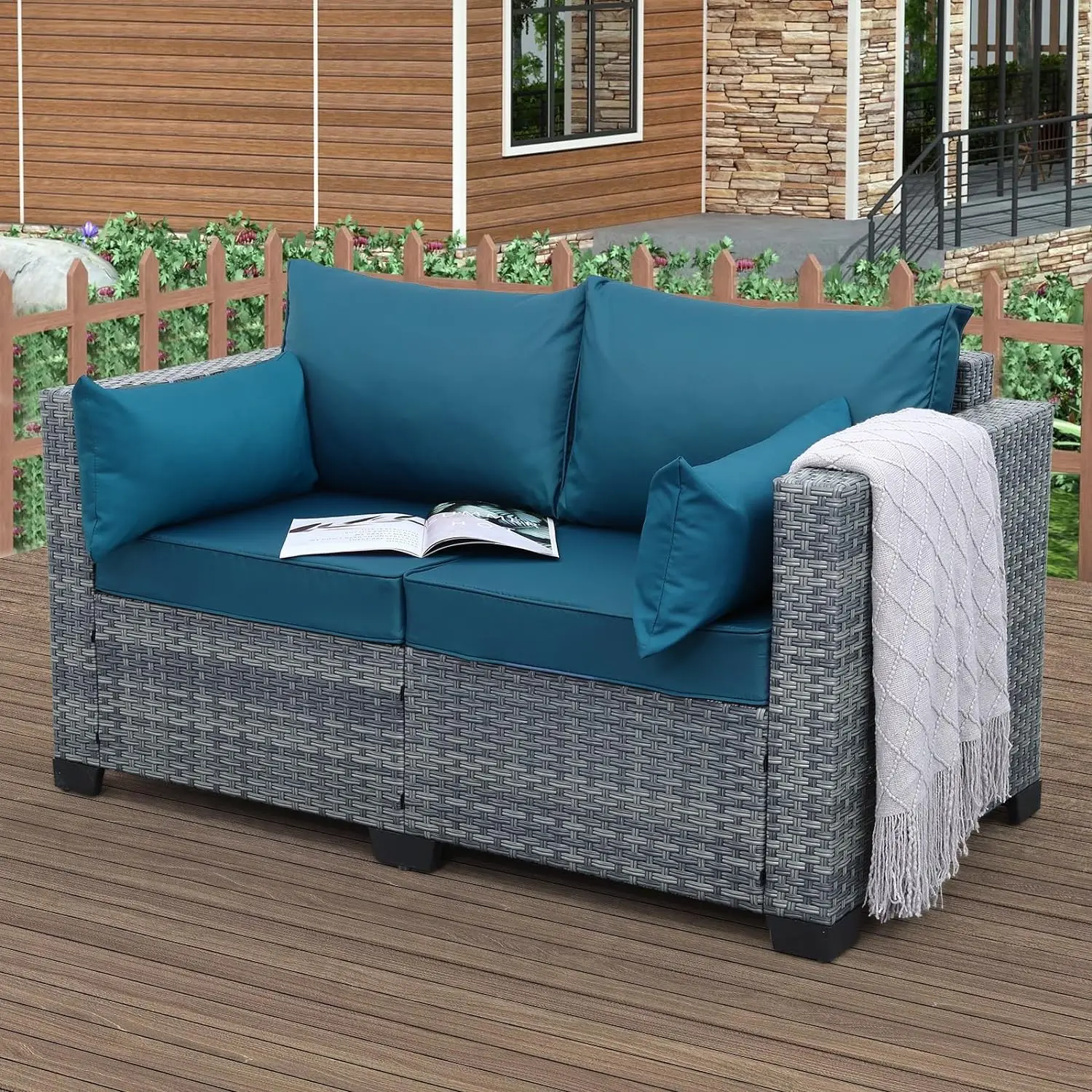 Loveseat-sofá pequeño de 2 plazas para Patio al aire libre, muebles de mimbre para todo tipo de clima con cojines grises