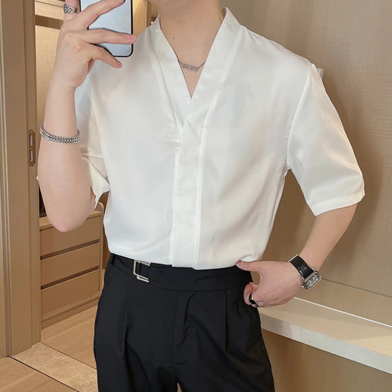 

Summer Fashion V-neck Shirt Men Oversized Short Sleeved Casual Shirt Collarless Social Streetwear Harajuku Shirt Male Clothing