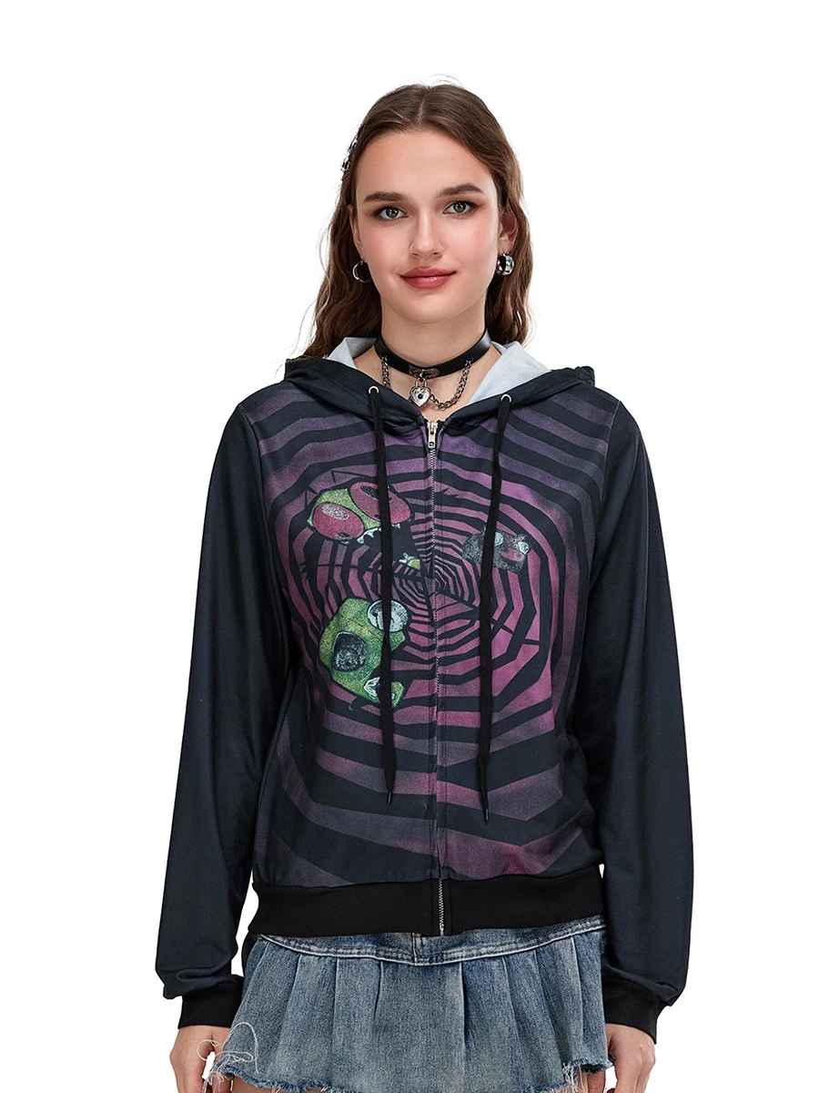 Felpa con cappuccio da donna con zip, stile gotico, stampa ragnatela, felpa con cappuccio a maniche lunghe, giacca casual
