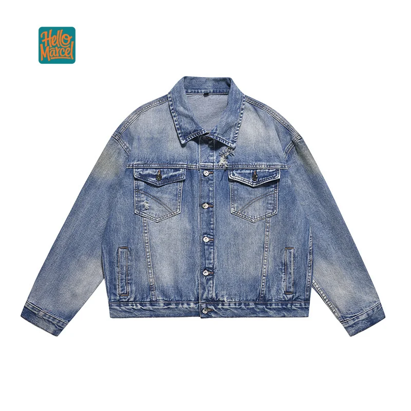 

HELLOMARCEL High Street винтажная потертая синяя джинсовая куртка модного бренда унисекс ЕС американский размер ретро хип-хоп уличная куртка