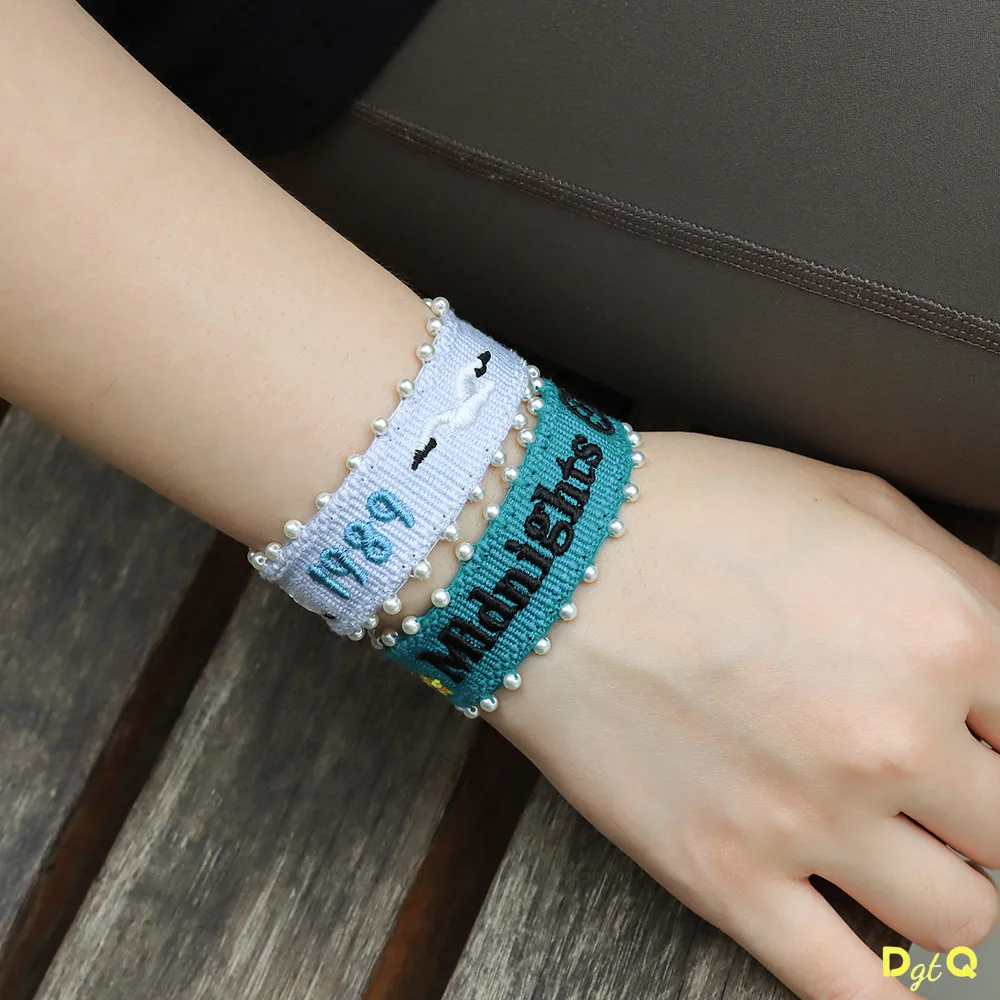 Fashion Handmade Knit Pearl Music Festival Fans Bracelet Adjustable Letter Embroidered Album Friendship Bracelet for Women Men