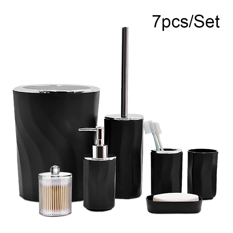 

7 шт./компл., дозатор мыла, коробка для туалетной щетки, бутылка для лосьона, мусорный бамбуковый пластиковый набор для хранения в ванной комнате, держатель для зубной щетки