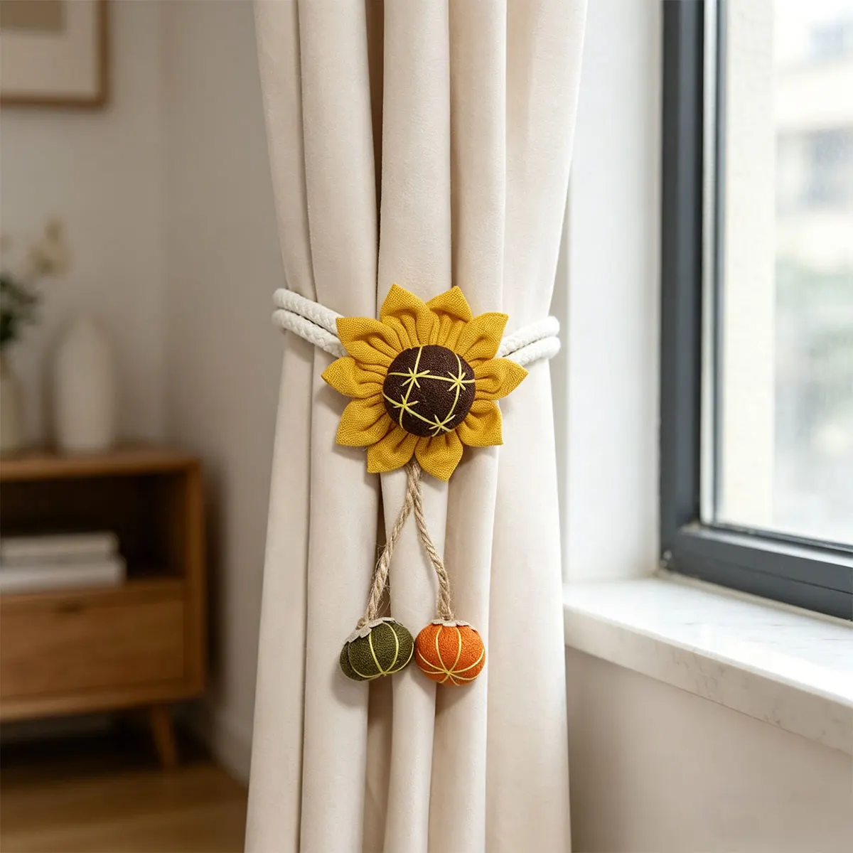 Sunflower Fabric Curtain Tiebacks Set of 2 Braided Rope Curtain Tie Rope Rustic Decorative Window Drape Holder For Home Decor