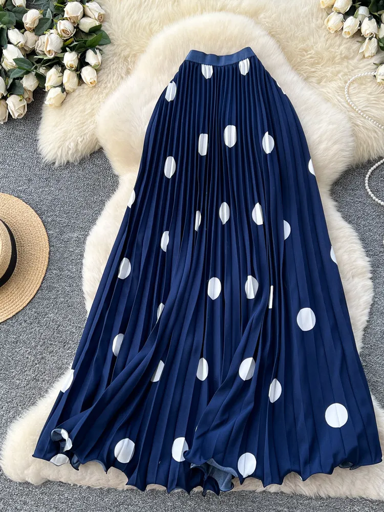 Women Korean Skirt Dot Printed High Elastic Waist A-line Pleated Mid Length Vacation Style Commuting Faldas Female SK085