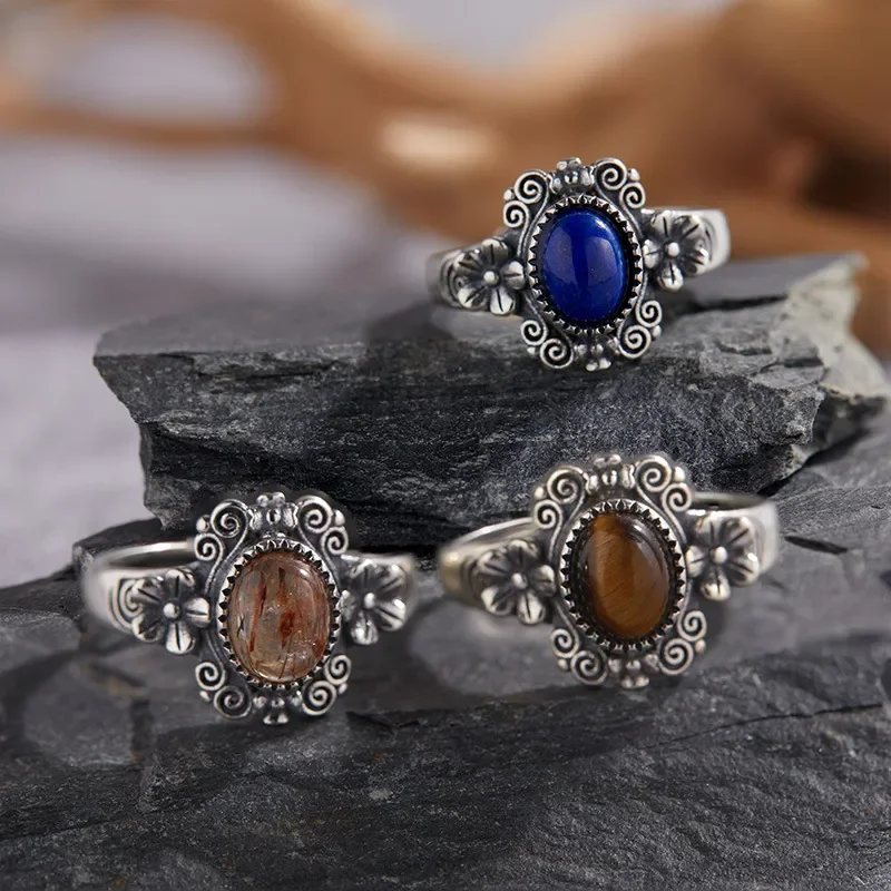 Thai silver curl grass pattern lapis lazuli tiger's eye stone ring female S925 sterling silver ethnic wind relief ring source