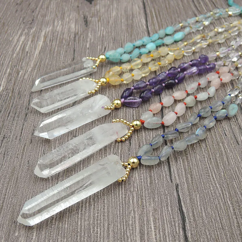 Crystal Quartz Pillar Point Pendant Necklace 6-8mm 8-10mm Mixed Stones Chips Beads Knot Handmade 30Inches 40Inches