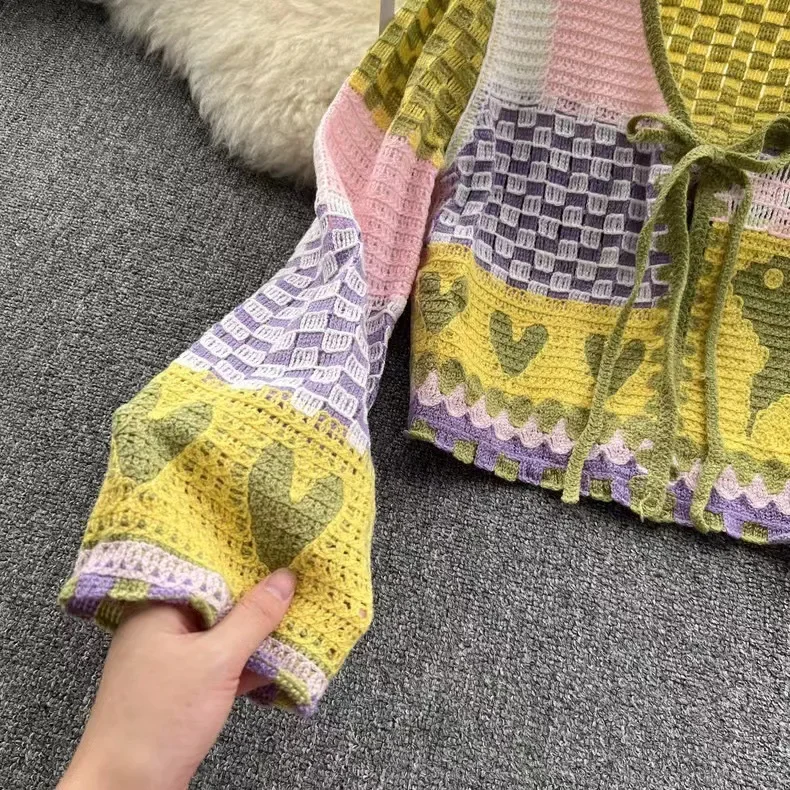 90s di Modo Y2k Estetica Lavorato A Maglia Sottile Apri Stitch Cardigan Corto Primavera Vintage Hippie Crochet Della Rappezzatura del Plaid Sottile