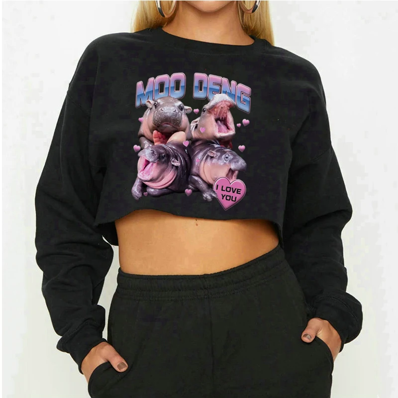 Moo Deng I Love You Crop Crew Neck Sweater Cute Animal Fashion Text Print Comfortable Sweatshirts