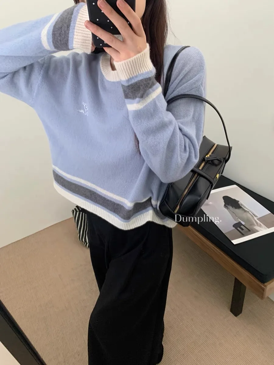 Contrast Color Knitted Sweater Women Autumn Loose Soft Top Pullover