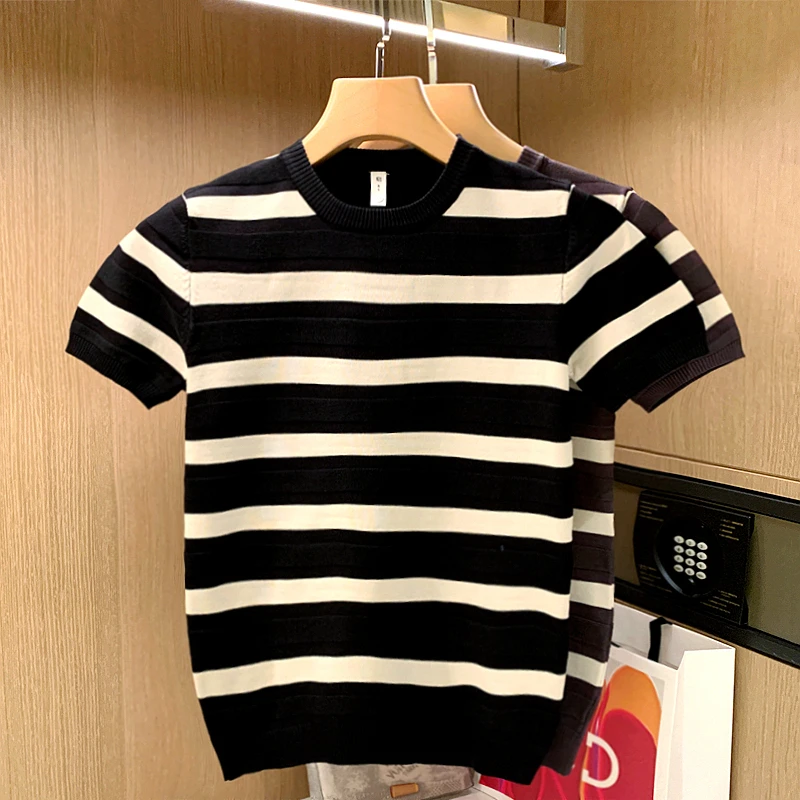 

Knitting Casual Summer Slim 2022 Brand New Men's Short Sleeved for Male Tee Shirt Version Striped Round-collar Tops Tees C11