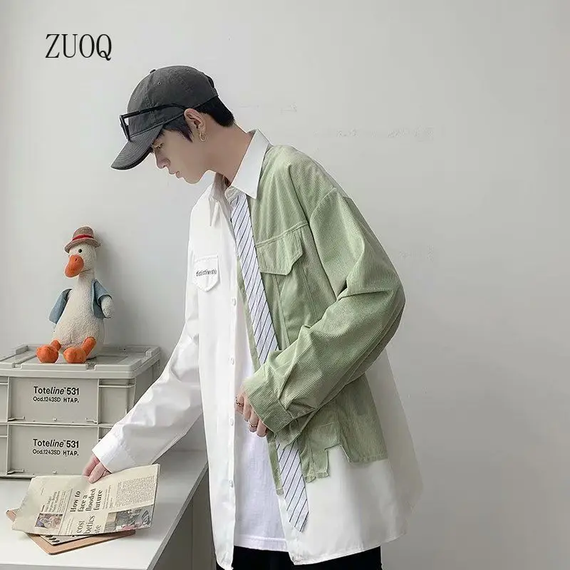 

2025 Autumn Long Sleeved Shirt Men Style Handsome Splicing Color Contrasting Student Korean Simple Casual Shirts Man