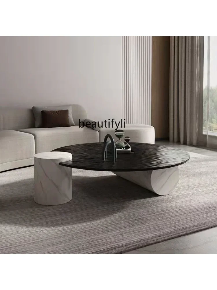 S Italian Simple Modern Light Luxury Designer Natural Marble Water Ripple Hot Melt round Simple Glass Tea Table furniture