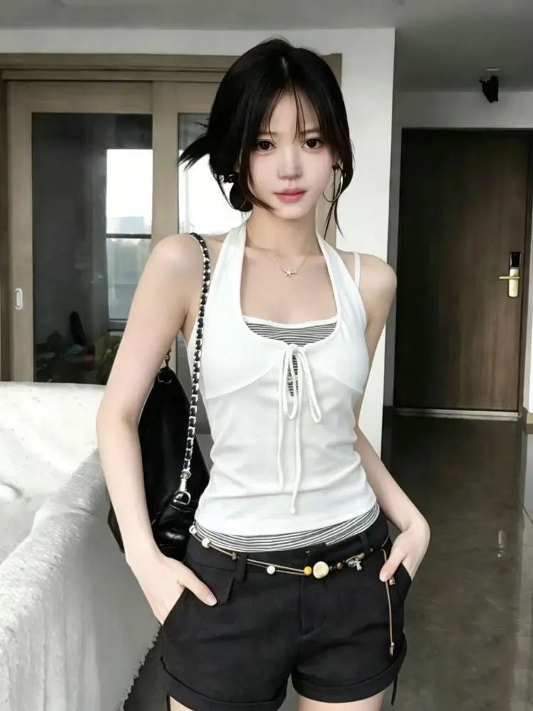 Deeptown Sweet Korean Style Tanks Women False Two-piece Stripe Patchwork White Vest Sexy Spicy Girl Summer Slim Sleeveless Camis