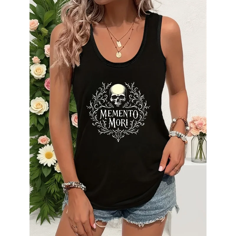 Dark Philosophy Style MEMENTO MORI Skull Vine Vintage Print Casual Fashion Women's Tank Top Black Crew Neck Top