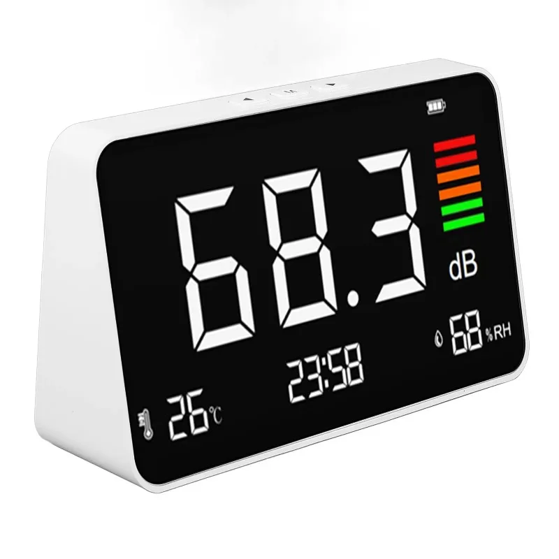 

Digital Decibel Meter Desktop Sound Level Meter 30-130dBA with Temp Humidity Detection for Home School Library DM219N