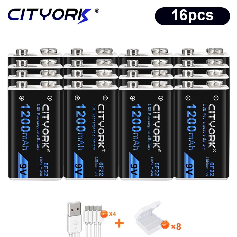 CITYORK 16-40pcs 9V Battery 1200mAh micro USB 9V batteries 9V rechargeable Li-ion battery Crown 9v for Metal Detector Microphone