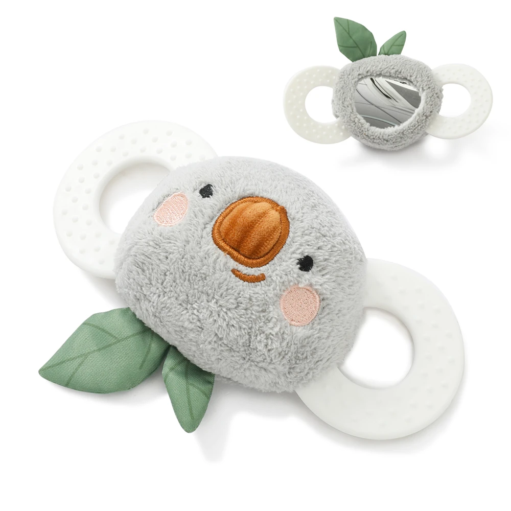 Plush Koala Rattle with Bell and Mirror Built in Bell Fun Mirror on Back Sensory Perception Grasp Training Portable Newborn Gift
